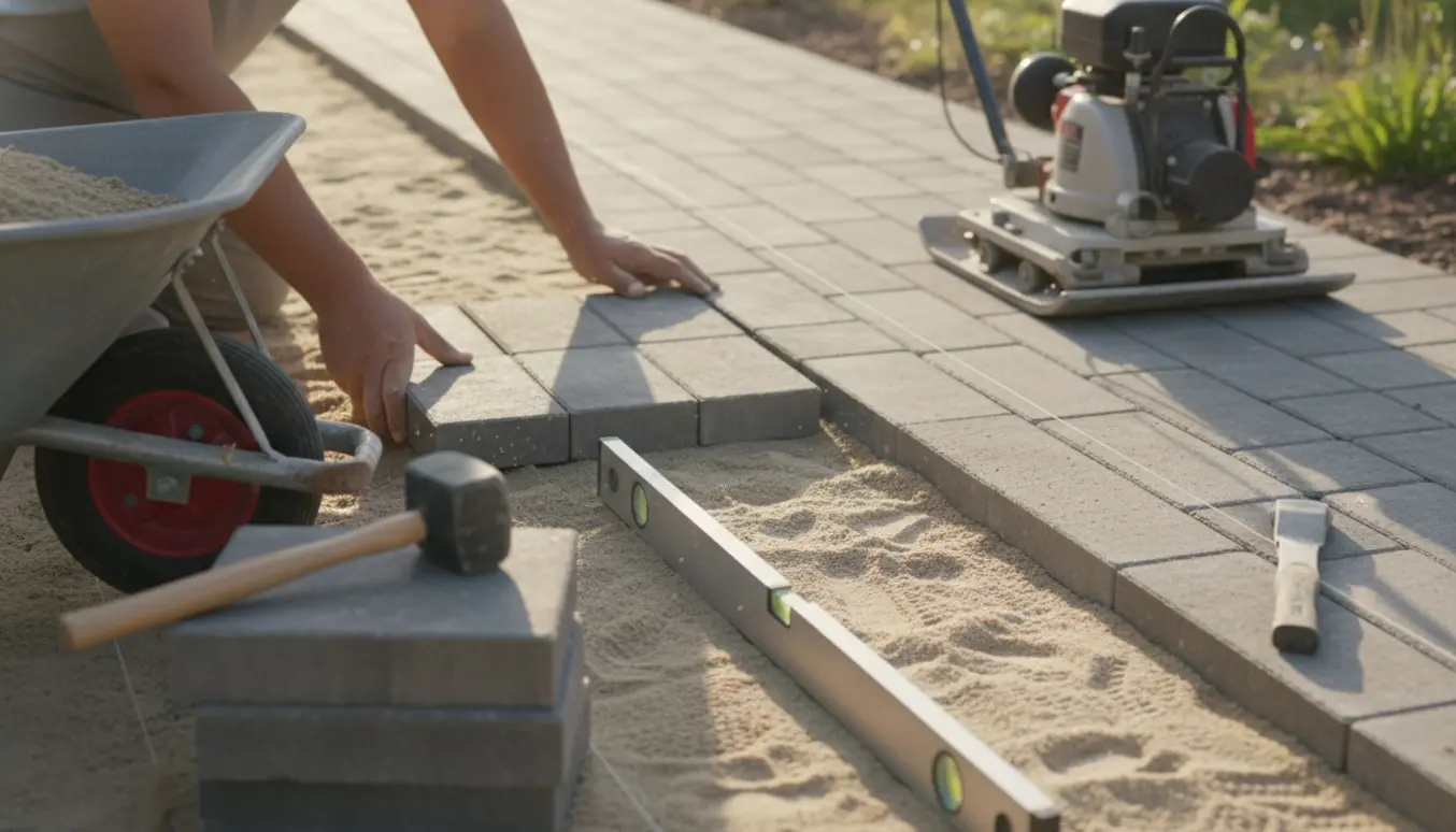 Hænder lægger fliser i sand ved en eksisterende flisegang med gummiklubbe og vaterpas.