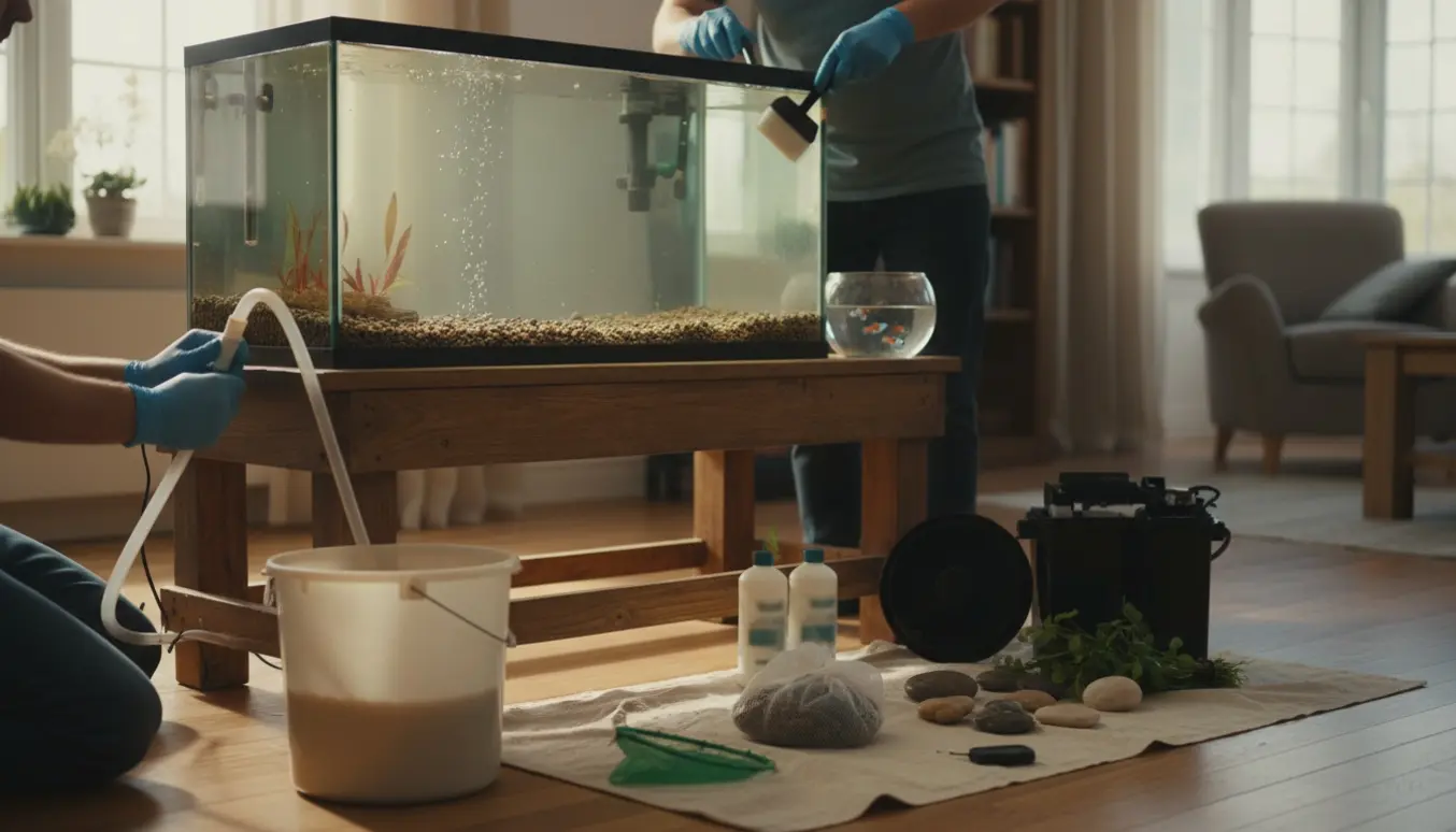 Et stort 400 liters akvarium bliver renset og tilpasset med slange, spand, filtermedier og planter.