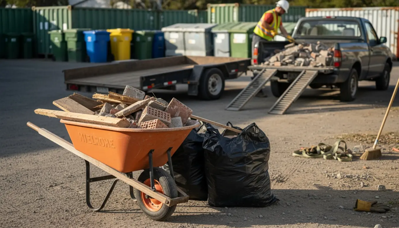 Byggeaffald fra en nedrevet trappe læsses på en trailer ved genbrugspladsen.