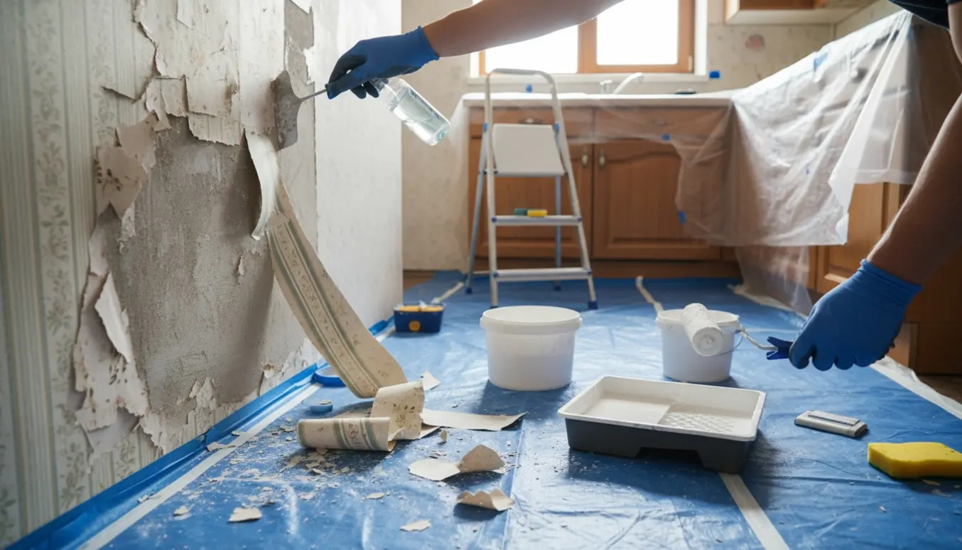 Lille køkken under renovering med tapet delvist fjernet og en væg nymalet hvid, værktøj på afdækket gulv.