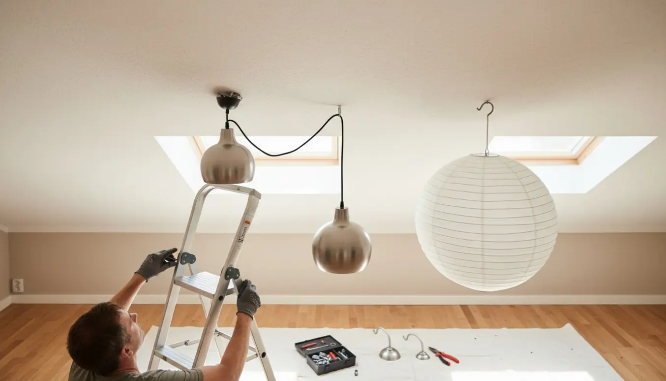 En person på en stige monterer en pendel ved et højt loft, mens en papirlampe hænger klar og værktøj ligger på gulvet.