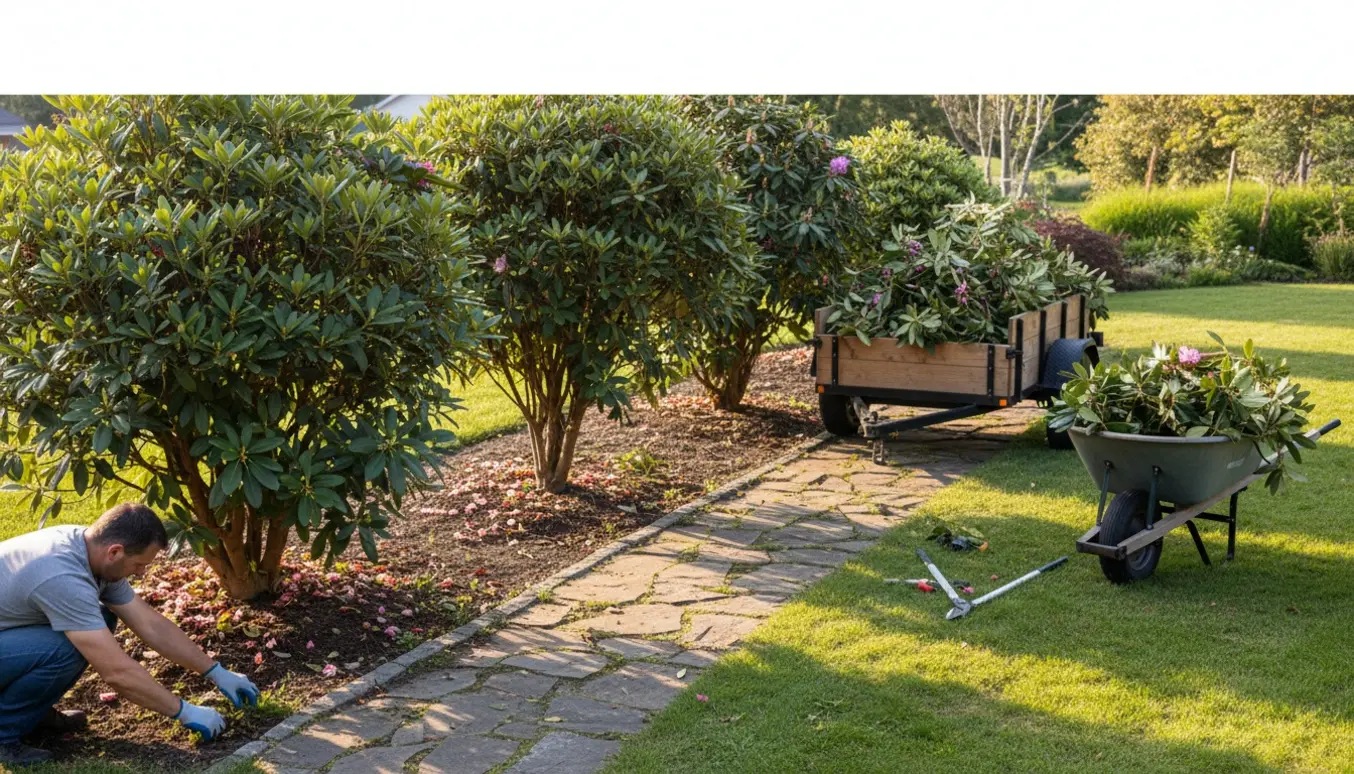 Nyskårne rhododendrongrene på en trailer, tre beskårne buske og hænder i arbejdshandsker, der fjerner ukrudt.