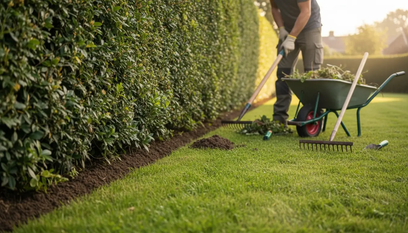 En havearbejder stikker kanten langs en lang grøn hæk med handsker, værktøj og bunker af fjernet ukrudt.