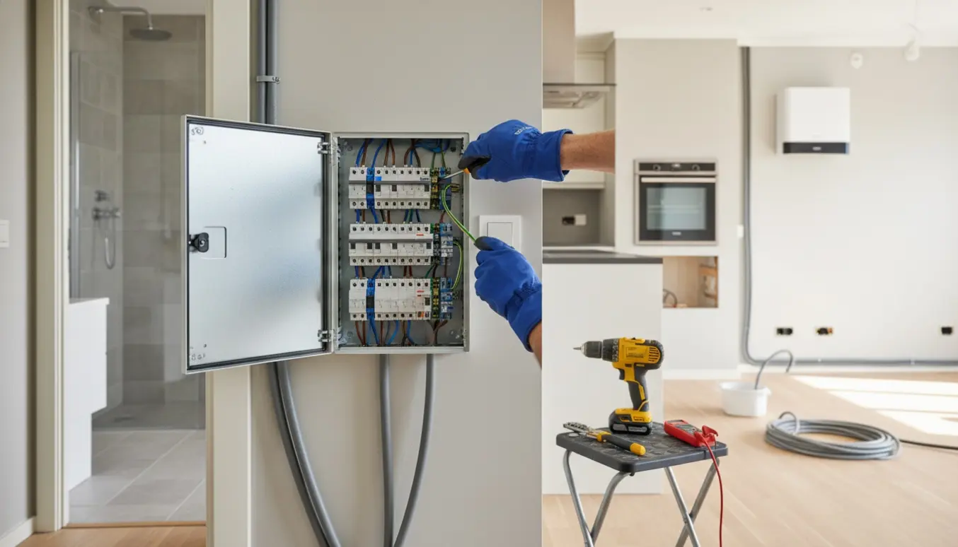 Åbent nyt el-tavle i lejlighed, hvor hænder forbinder ledninger mod køkken, badeværelse og stue.