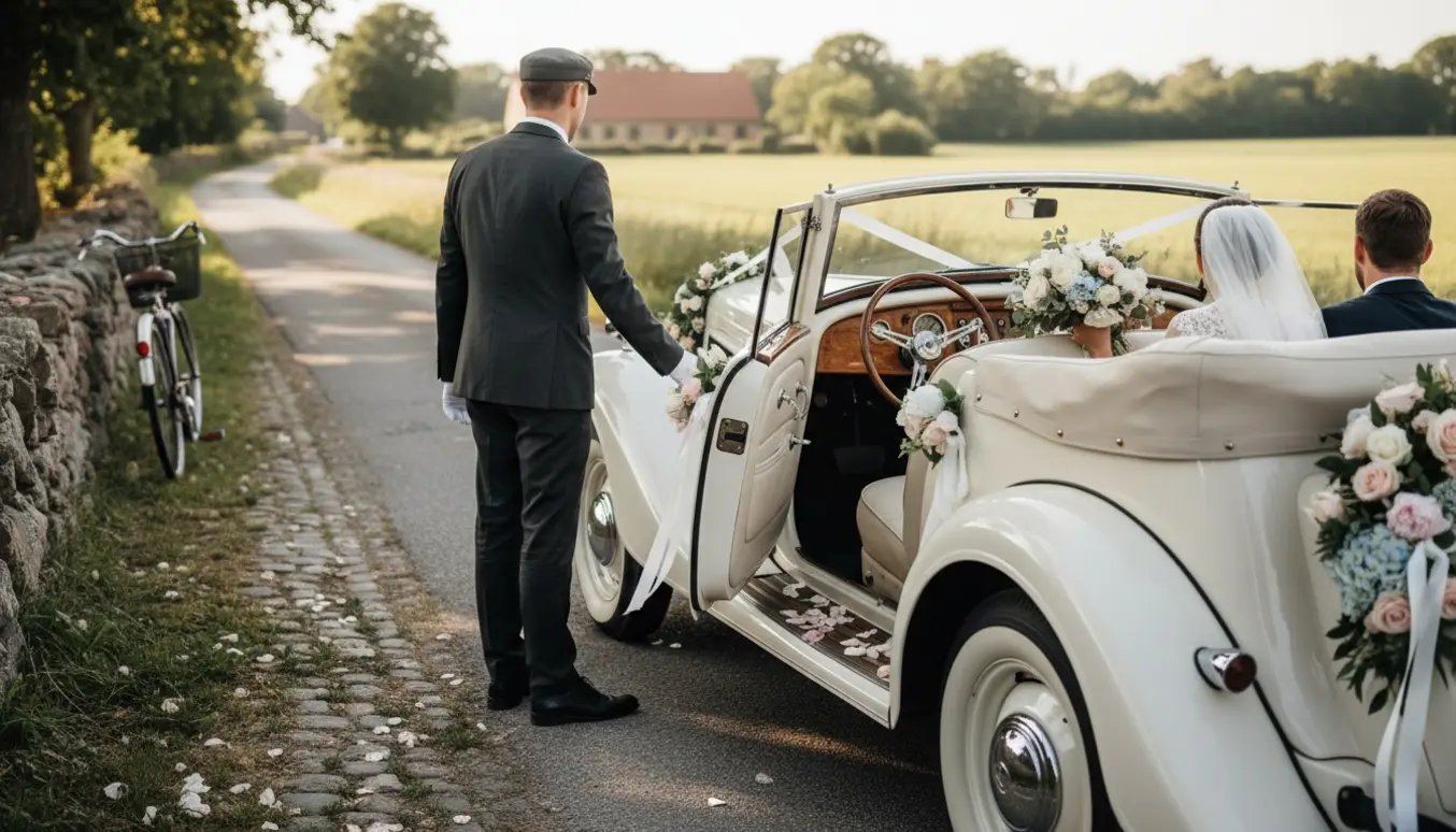 Pyntet vintage cabriolet til bryllup med chauffør og to passagerer på en solrig dansk landevej.
