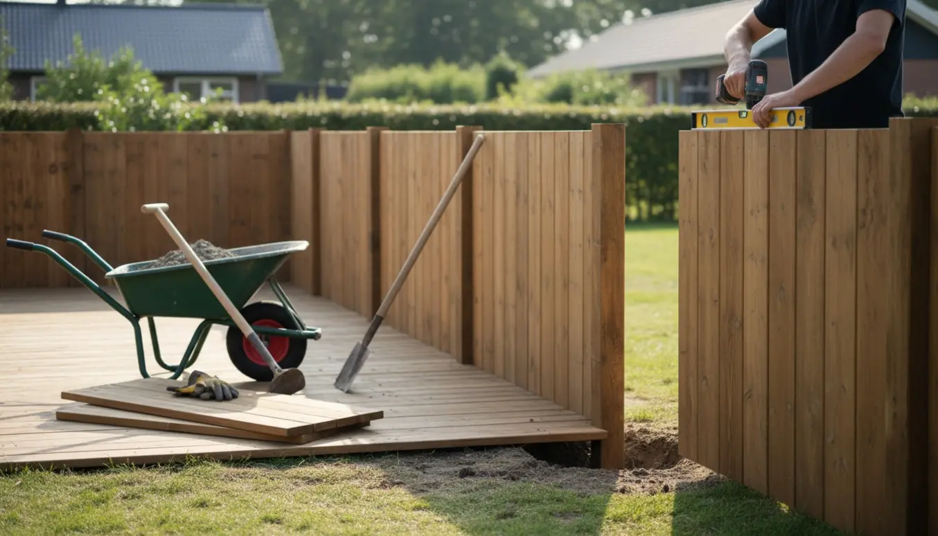 Træhegn monteres omkring en terrasse med paneler, stolper og værktøj klar i haven.