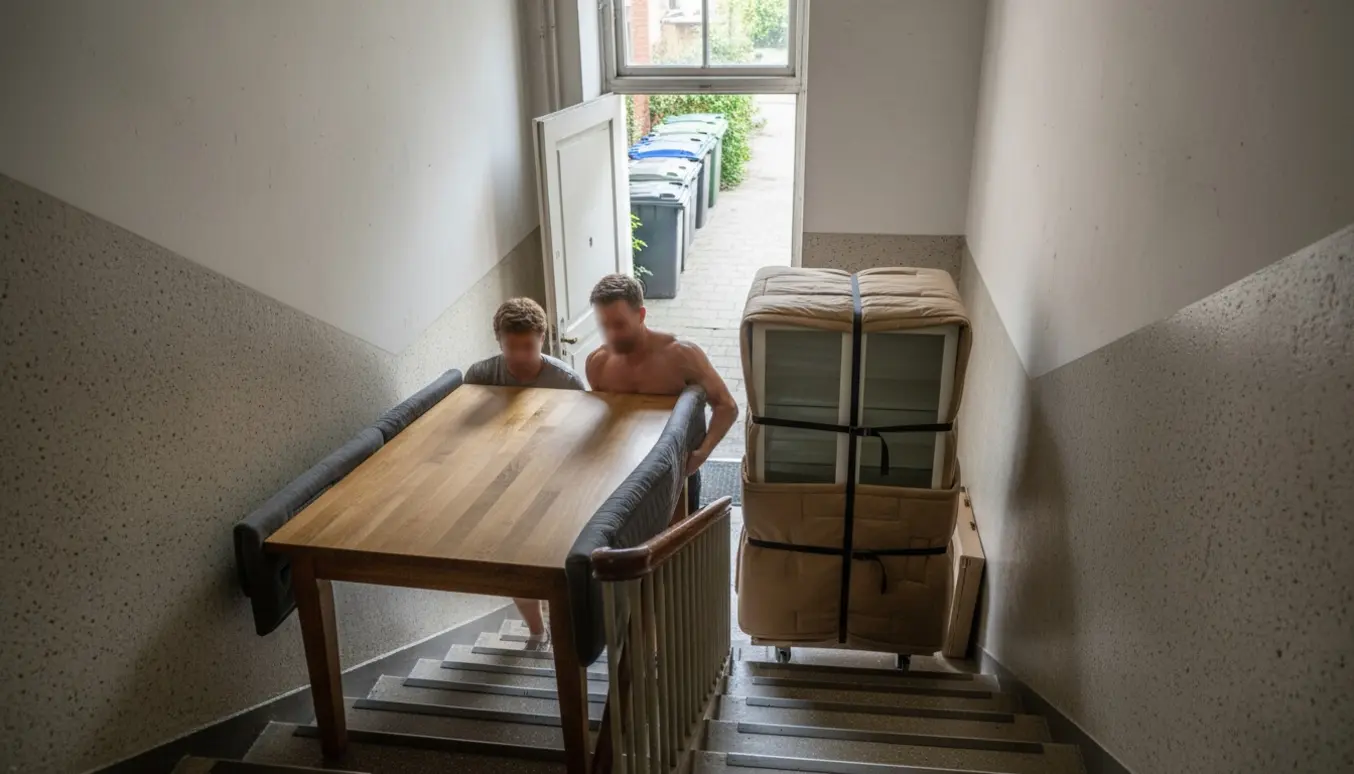 To personer bærer et tungt træbord ned ad en smal trappe, mens en indpakket Ikea-reol og et vitrineskab venter på skraldepladsen.