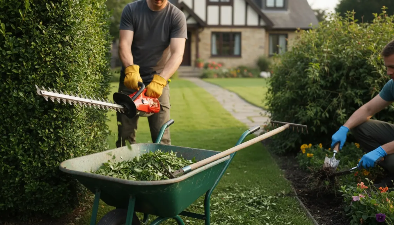 Nærbillede af hækkeklipper og handske med hækafklip i trillebør og ukrudt trukket op af et blomsterbed.