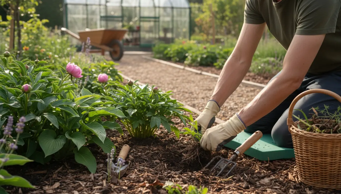 Hænder luger ukrudt i et staudebed med håndskovl og en spand ukrudt.