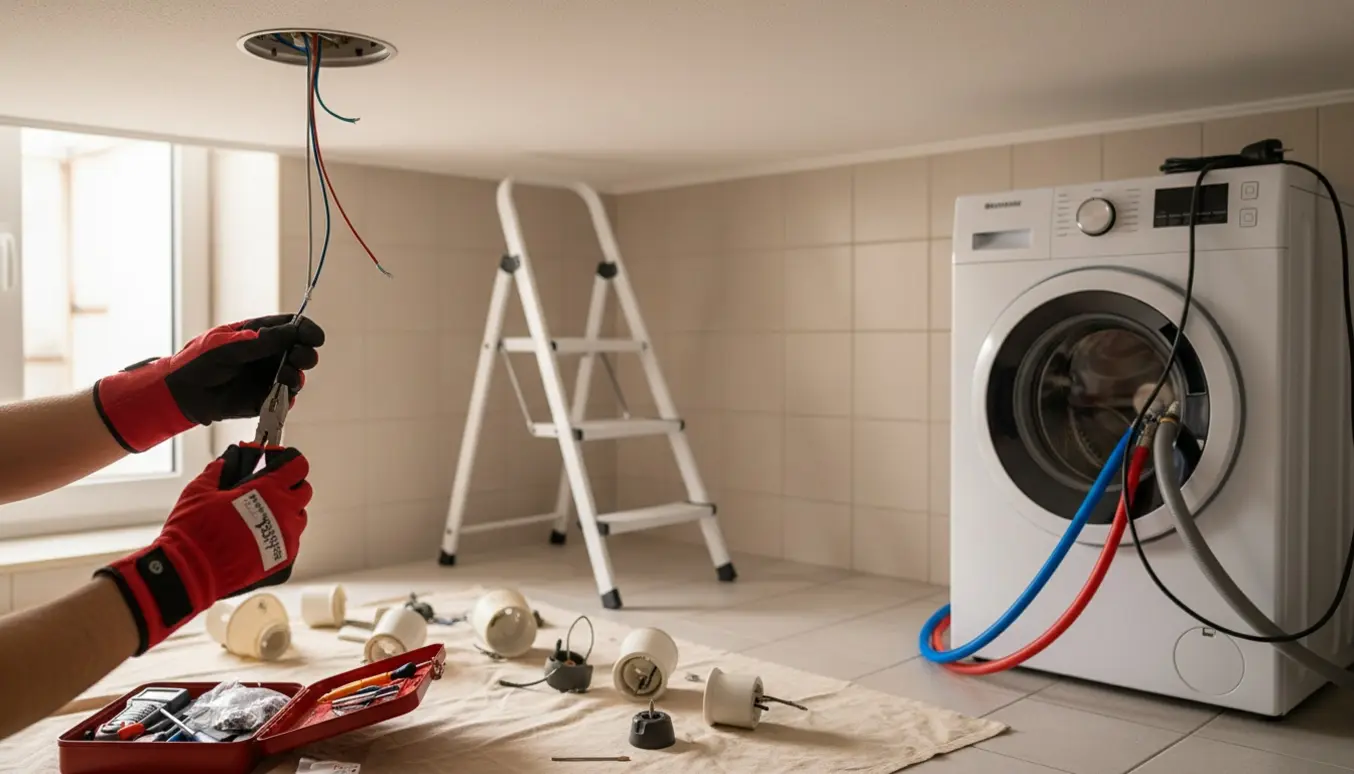 Handskerede hænder fjerner loftslamper og frakobler en vaskemaskine i et lyst vaskerum.