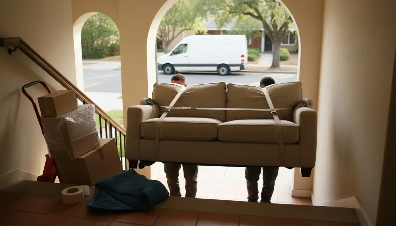 To flyttefolk bærer en sofa ned ad en kort trappe, kasser på en trillevogn og en lille flyttevan ses i baggrunden.