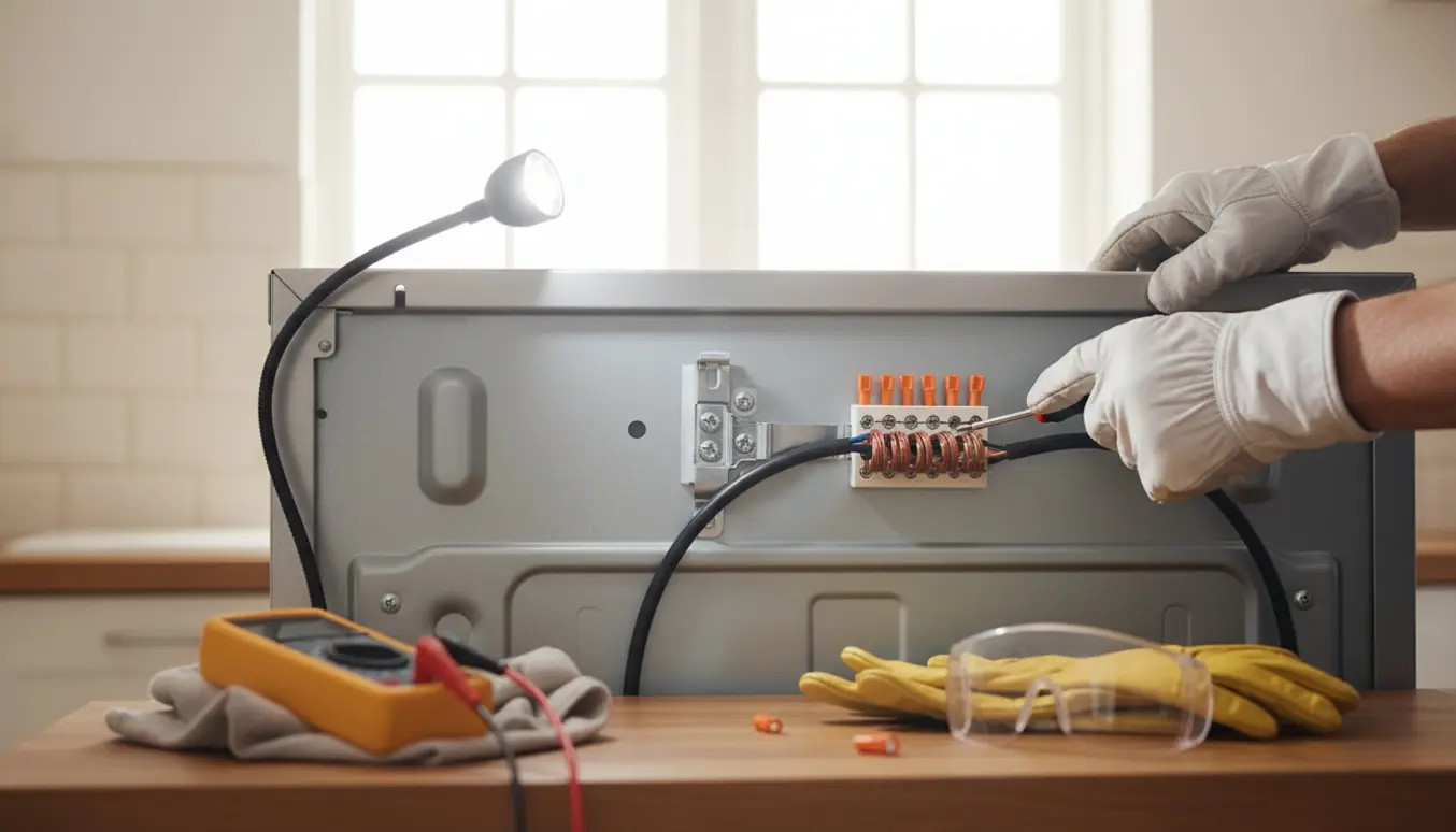 Hænder med isolerede handsker forbinder komfurets kabel til terminalblokken bag et rustfrit komfur i et lyst køkken.