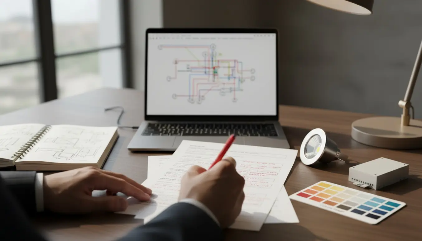 Hænder retter og omskriver en rapport om DALI/KNX-belysning ved et ryddeligt skrivebord med laptop og en LED-armatur.