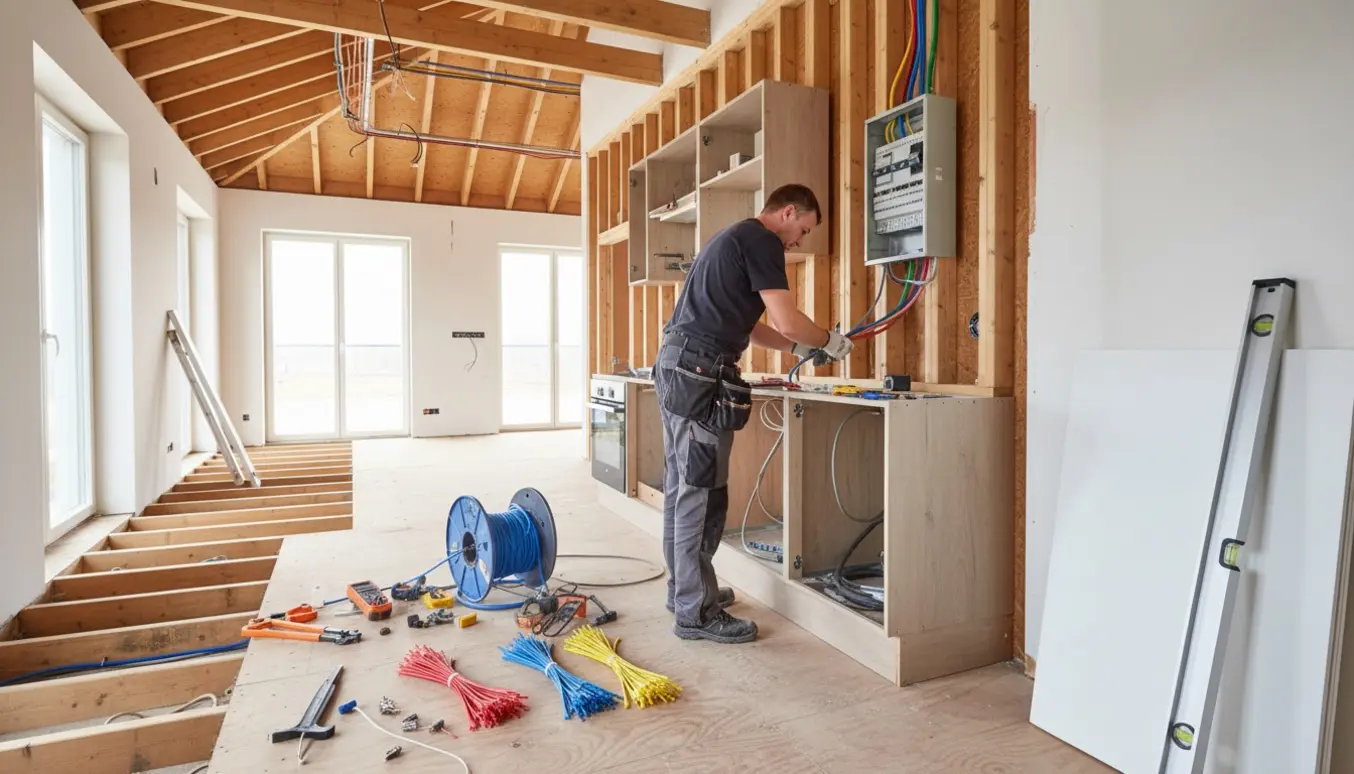 Elektriker trækker nyt 5-lederkabel og monterer el i et køkken/stue med åbent loft og fjernet gulv.