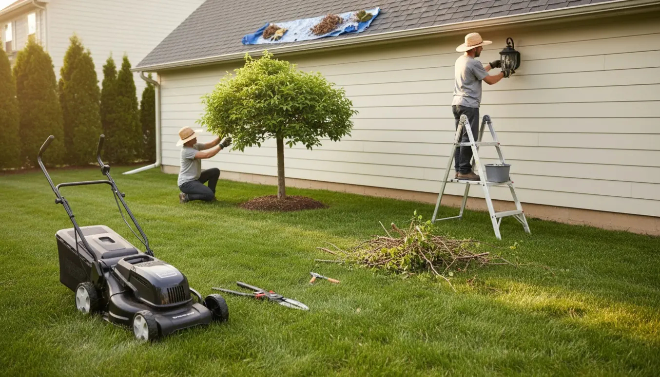 Haveredskaber og nyslået græs mens en person på stige skifter pære i en forstadshave.