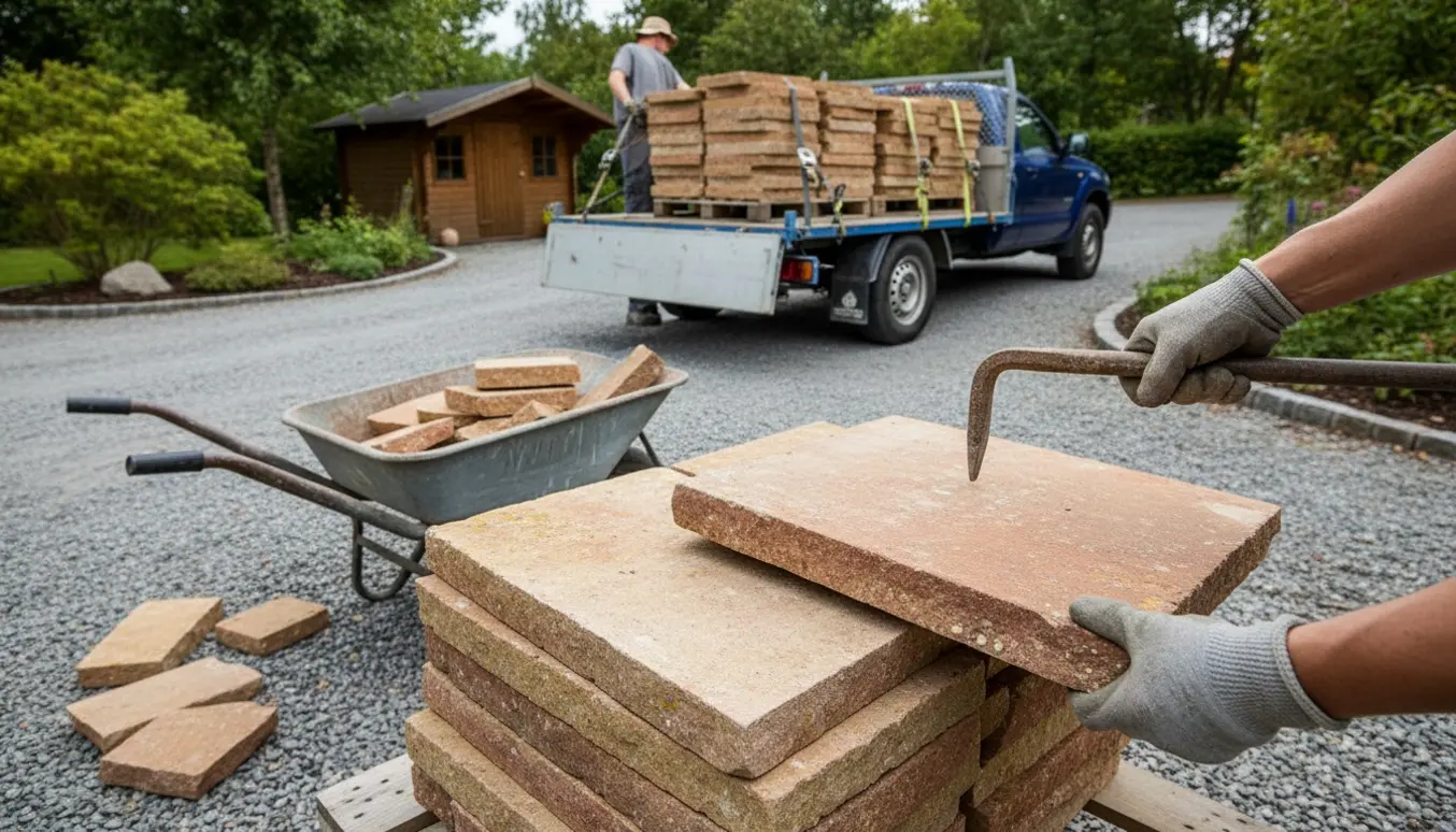 Gloved hænder løfter og læsser herregaardsfliser på en trailer i en indkørsel klar til bortskaffelse.