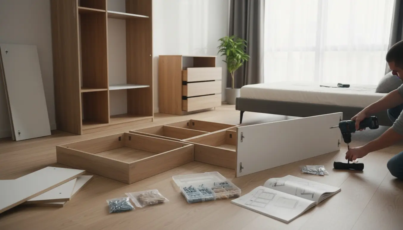 Delvist samlede garderobeskabe og kommoder i et lyst værelse med værktøj og manual på gulvet.