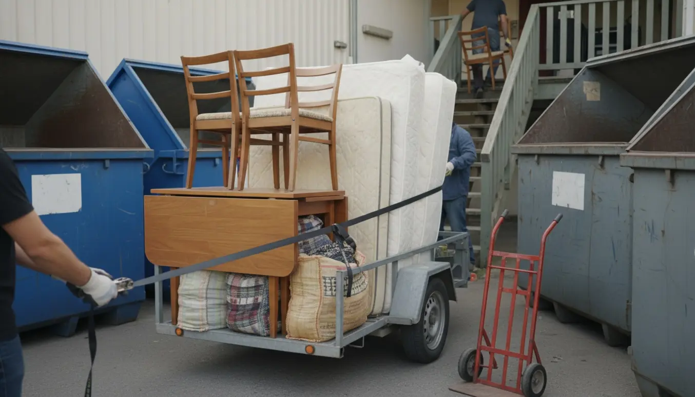 Møbler og sække stablet ved en genbrugsplads klar til aflevering.