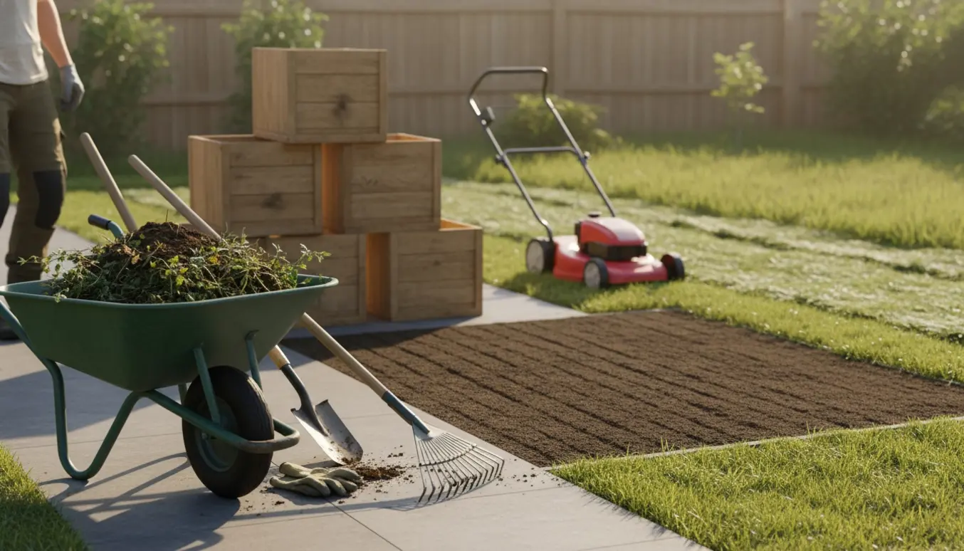 Tomme træplantekasser ved siden af en trillebør fuld af jord og ukrudt, et jævnet jordareal og en plæneklipper ved den nyslåede kant.