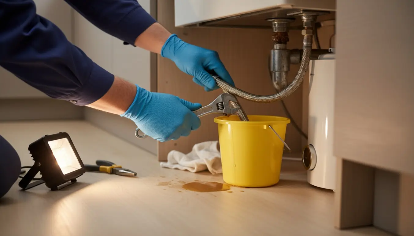 Detalje af åben køkkenskab hvor håndværker med handsker udskifter en brunslimet slange til Quooker under vasken.