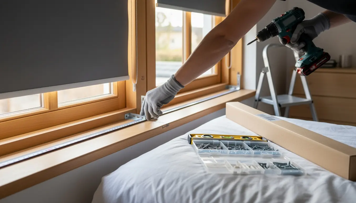 Hænder monterer et mørklægningsrullegardin i et soveværelse med værktøj og uåbnet pakke i nærheden.