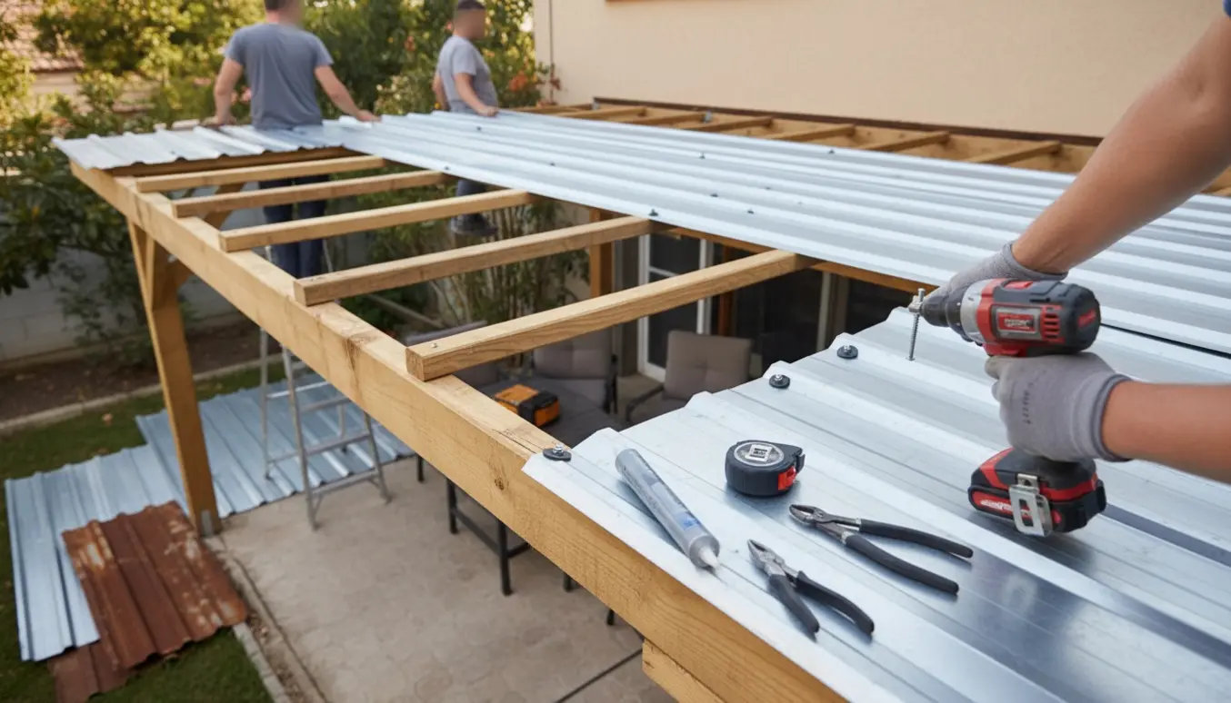 Udskiftning af trapezplader på en lille overdækket terrasse med værktøj og arbejdshænder i fokus.