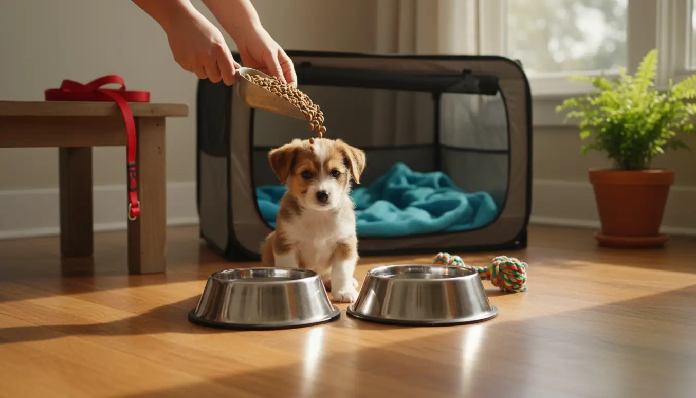 En fire måneder gammel hvalp får mad i en solbeskinnet stue med tæppe, legetøj og snor.