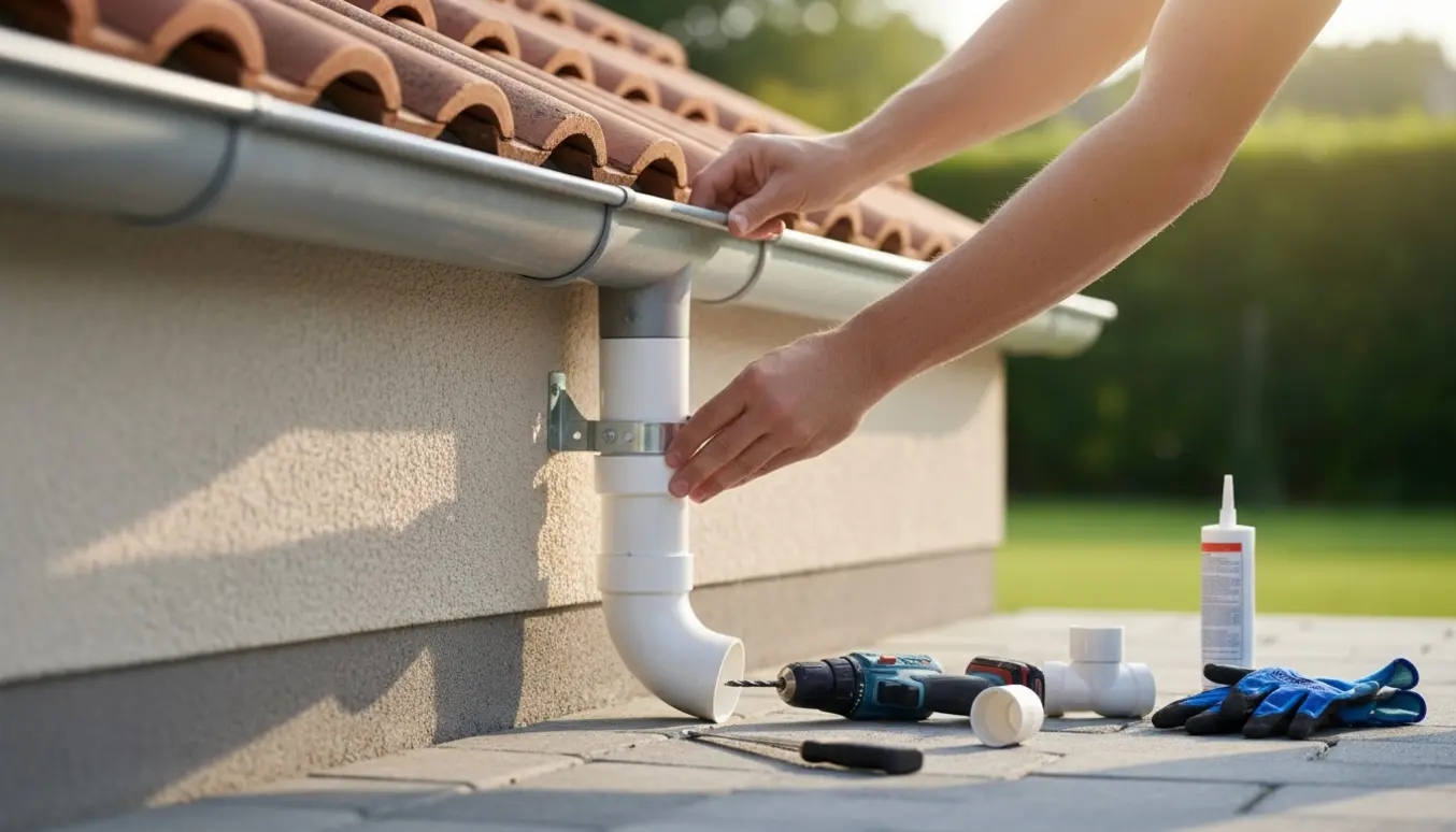 Hænder udskifter et lige plastik nedløbsrør fra jorden med værktøj i fokus.