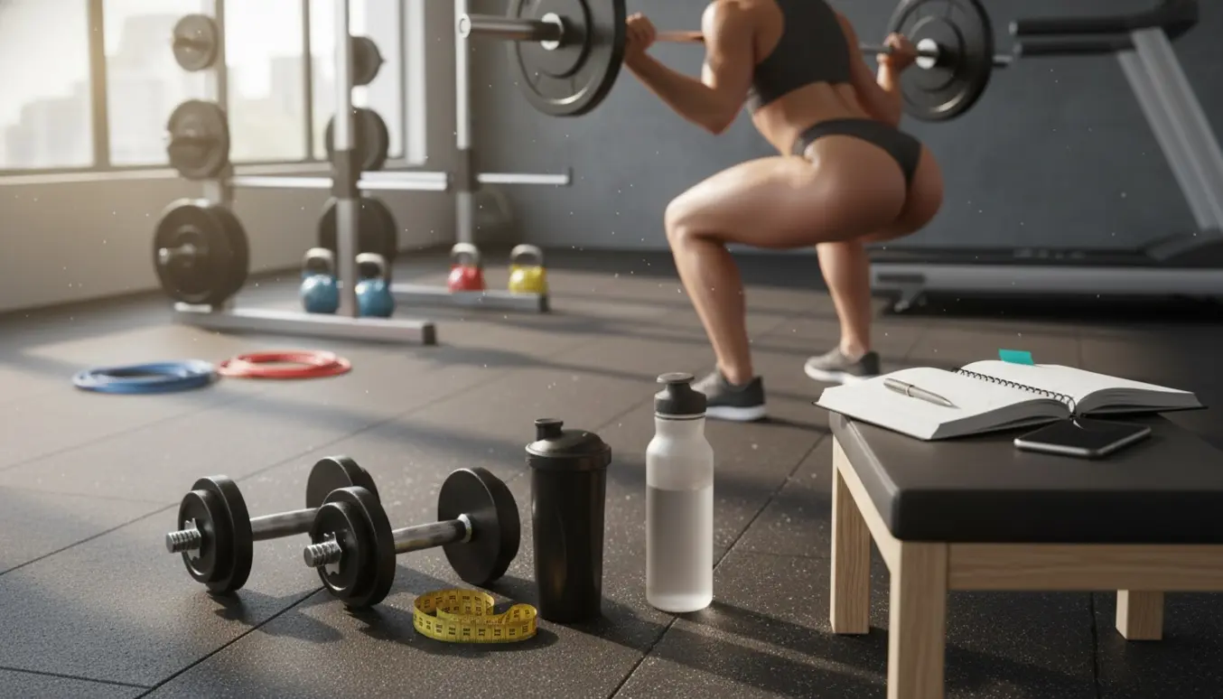 Lyst træningsbillede med vægte, målebånd og en person i squat set bagfra i et moderne fitnesscenter.