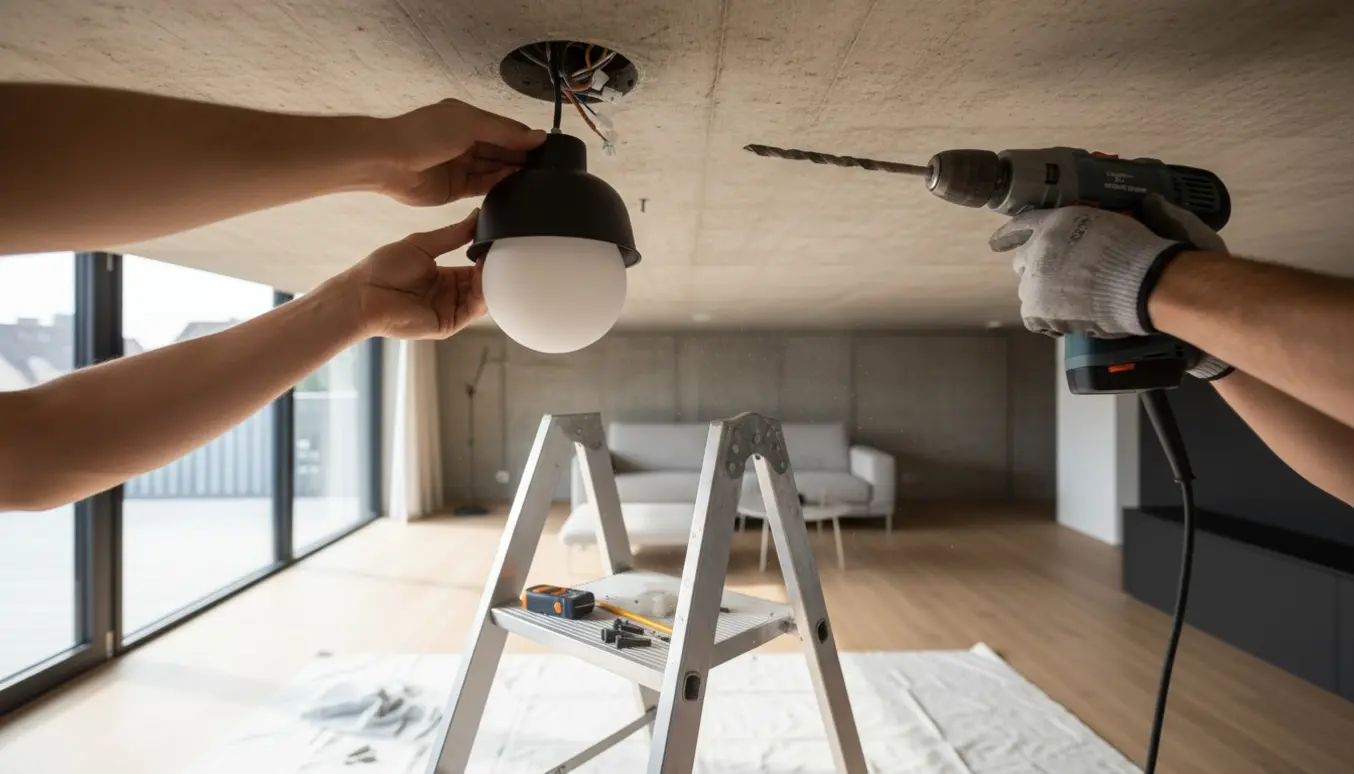 Højt opløst billede af hænder, der monterer en lille loftslampe i et råt betonloft med boremaskine, rawlplugs og synligt strømudtag.