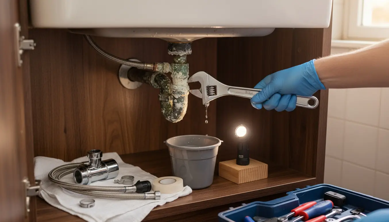 Hænder i handsker udskifter en kalket vandhane under køkkenvask og tilslutter nyt opvaskemaskine-stykke.