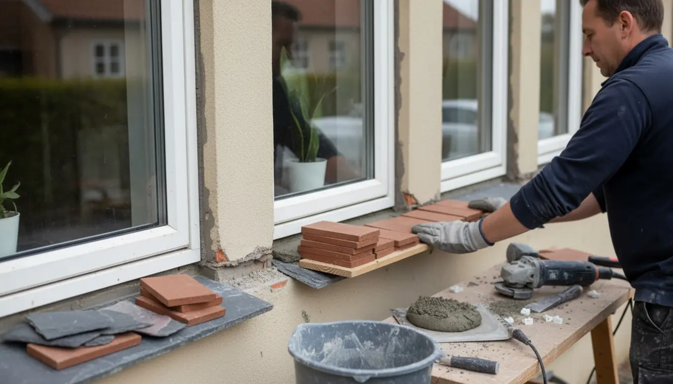 Udskiftning af vindues-sålbænke med Hasle klinker under tre vinduer, værktøj og hænder i arbejde.