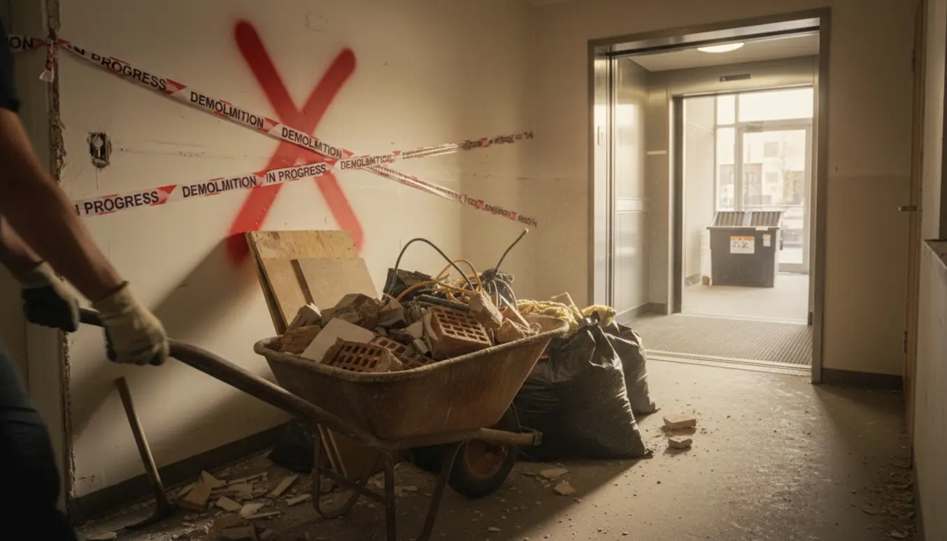 Bunke byggeaffald i opgang med elevator i baggrunden og en væg markeret med rødt klar til nedrivning.