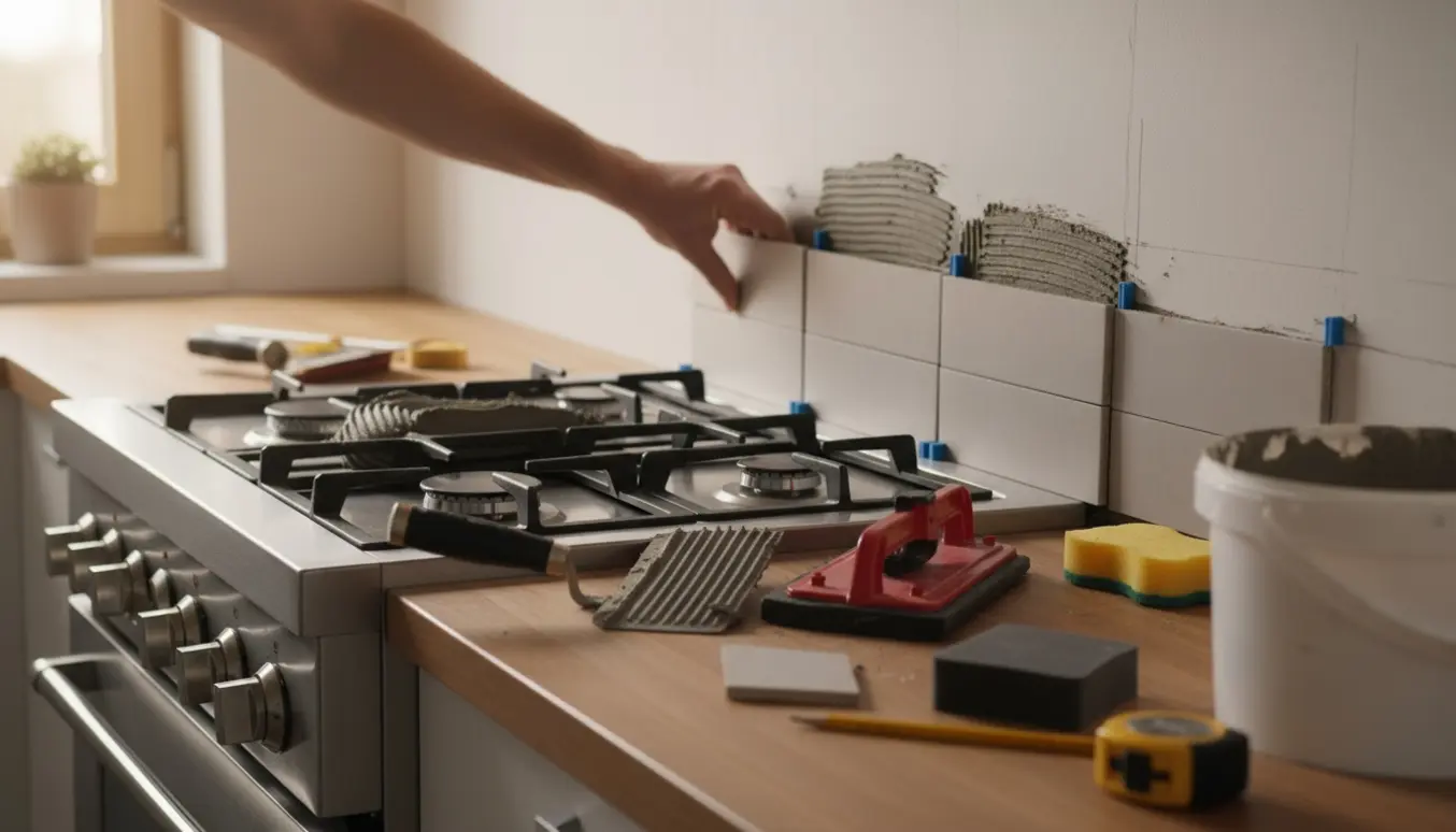 Nærbillede af opsætning af fliser som køkkenbagplade med fliseklæb, flisekryds og værktøj.