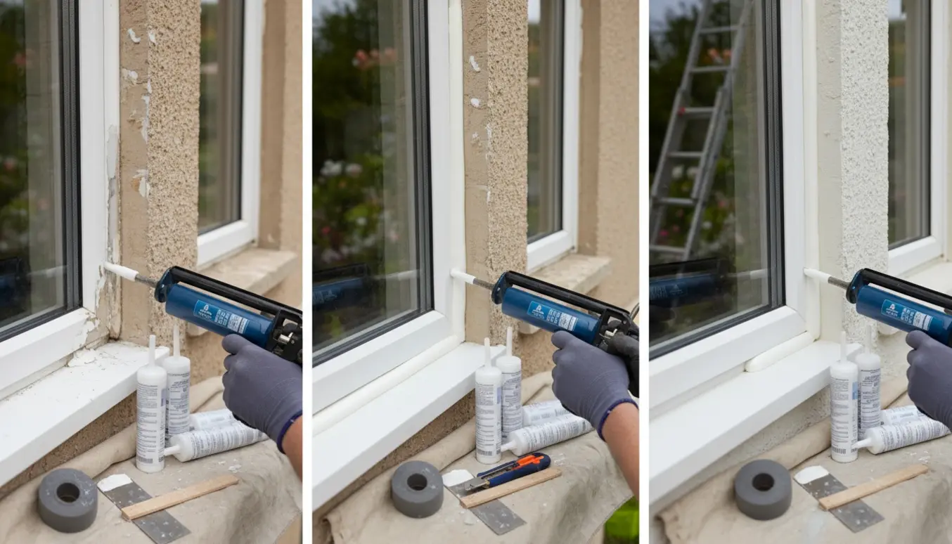 Nærbillede af udvendige fuger ved vinduer, hvor en hånd med fugepistol påfører nyt tætningsmiddel.