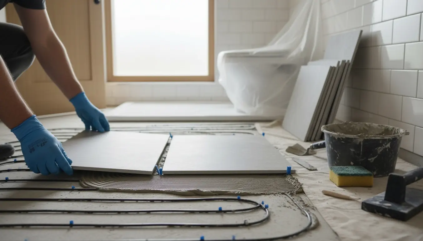 Nærbillede af badeværelsesrenovering med fjernet gulvfliser, synlig gulvvarme og nye fliser klar til lægning.
