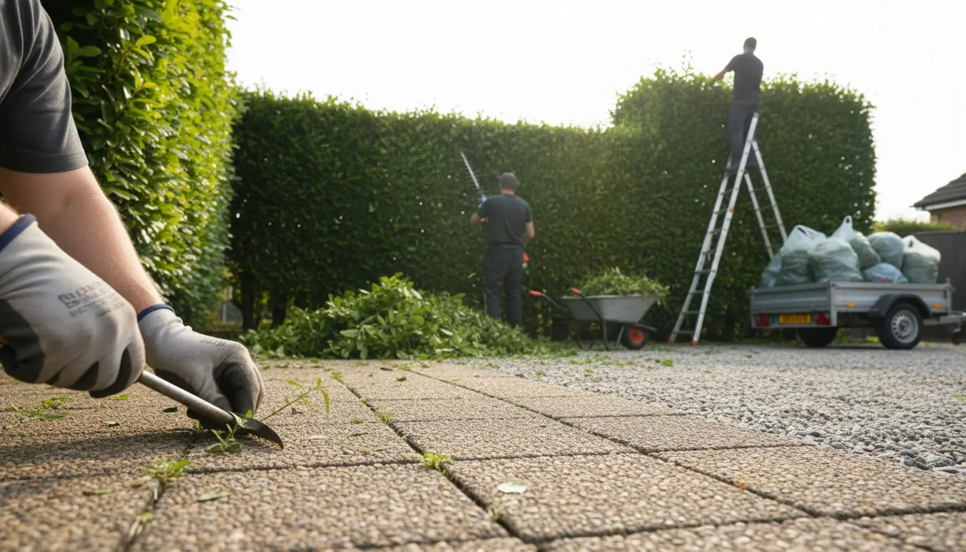 Hæk i forskellige højder klippes med stige og hækklipper, mens ukrudt fjernes mellem fliser og grønt affald samles i sække.