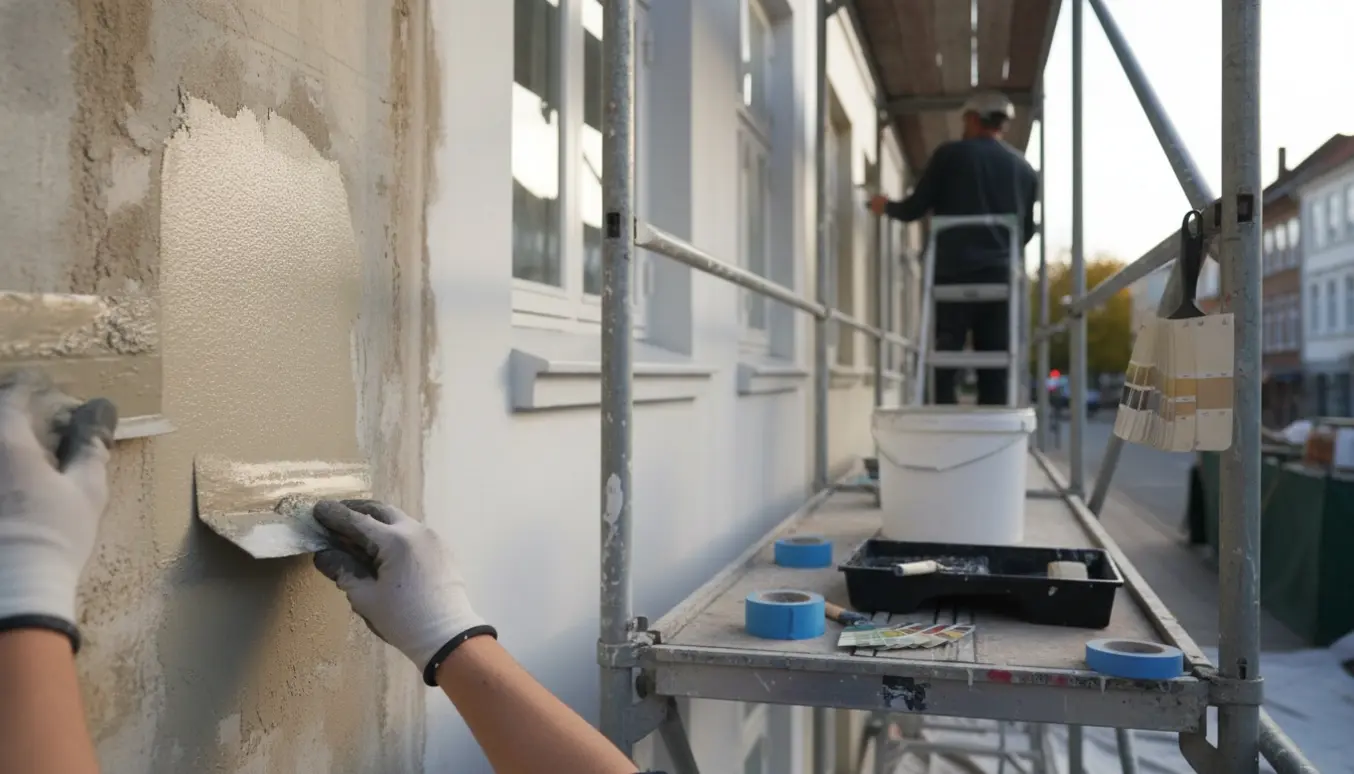 Reparation af puds og maling af facader på rækkehuse i Aarhus med håndværkere uden tydelige ansigter.