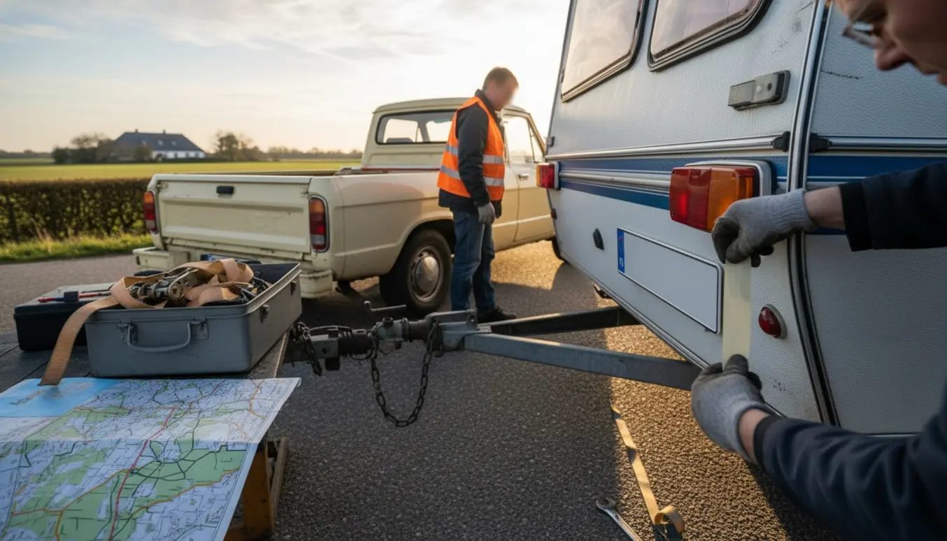 Campingvogn uden nummerplade bliver klargjort ved vejkanten med en midlertidig plade og værktøj.