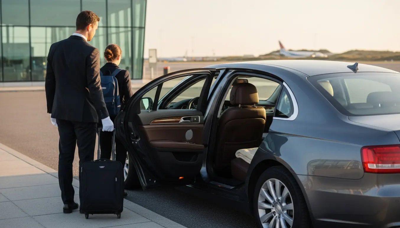 En chauffør åbner bildøren for en rejsende med håndbagage udenfor Aalborg Lufthavn.