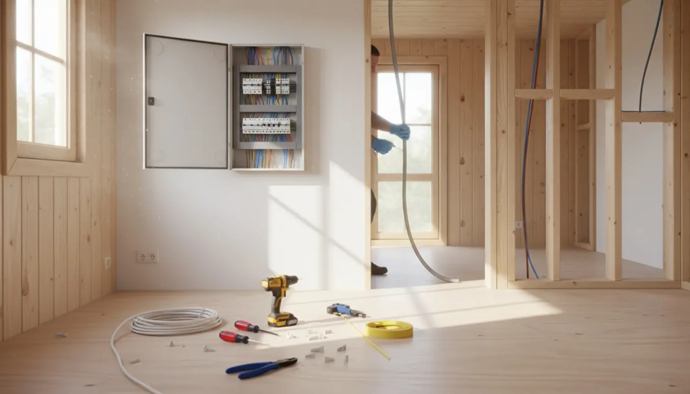 Ny eltavle i et sommerhus med åbne vægge og kabler trukket mod anneks.