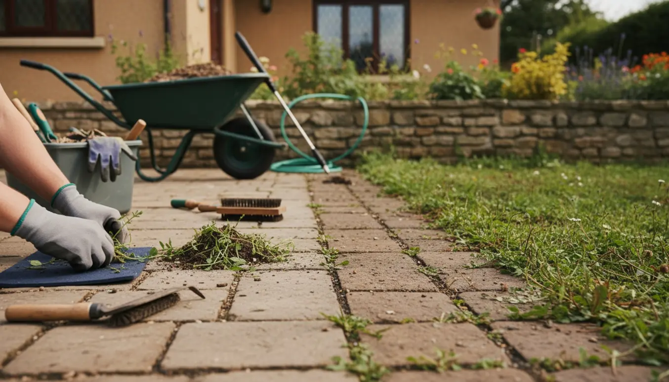 En person iført handsker fjerner ukrudt fra fugerne mellem fliser på en solbeskinnet indkørsel.