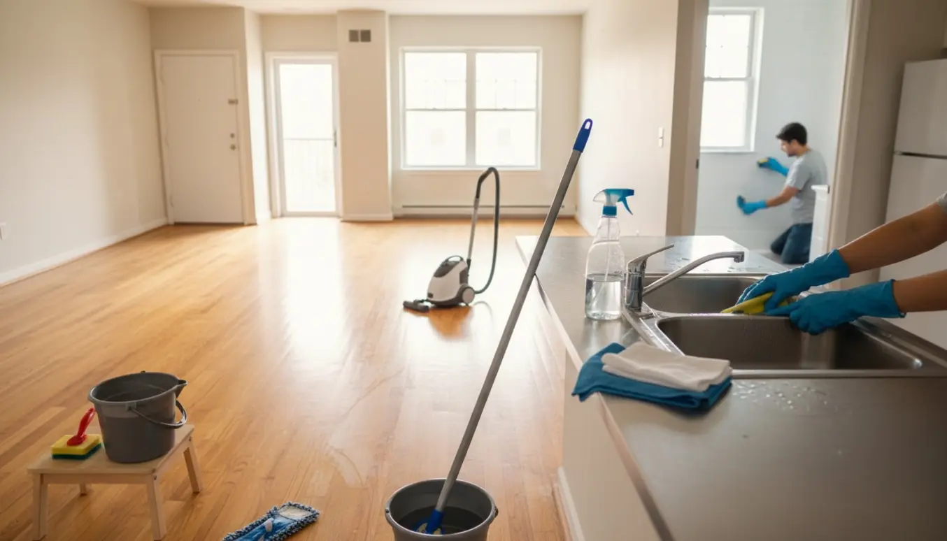 Lys, tom lejlighed under fraflytningsrengøring med moppe, støvsuger og handsker, ingen ansigter synlige.