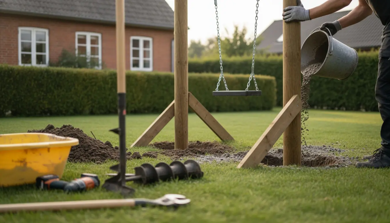 Trægyngestativ under opsætning i en dansk have med værktøj og friske jordhuller.