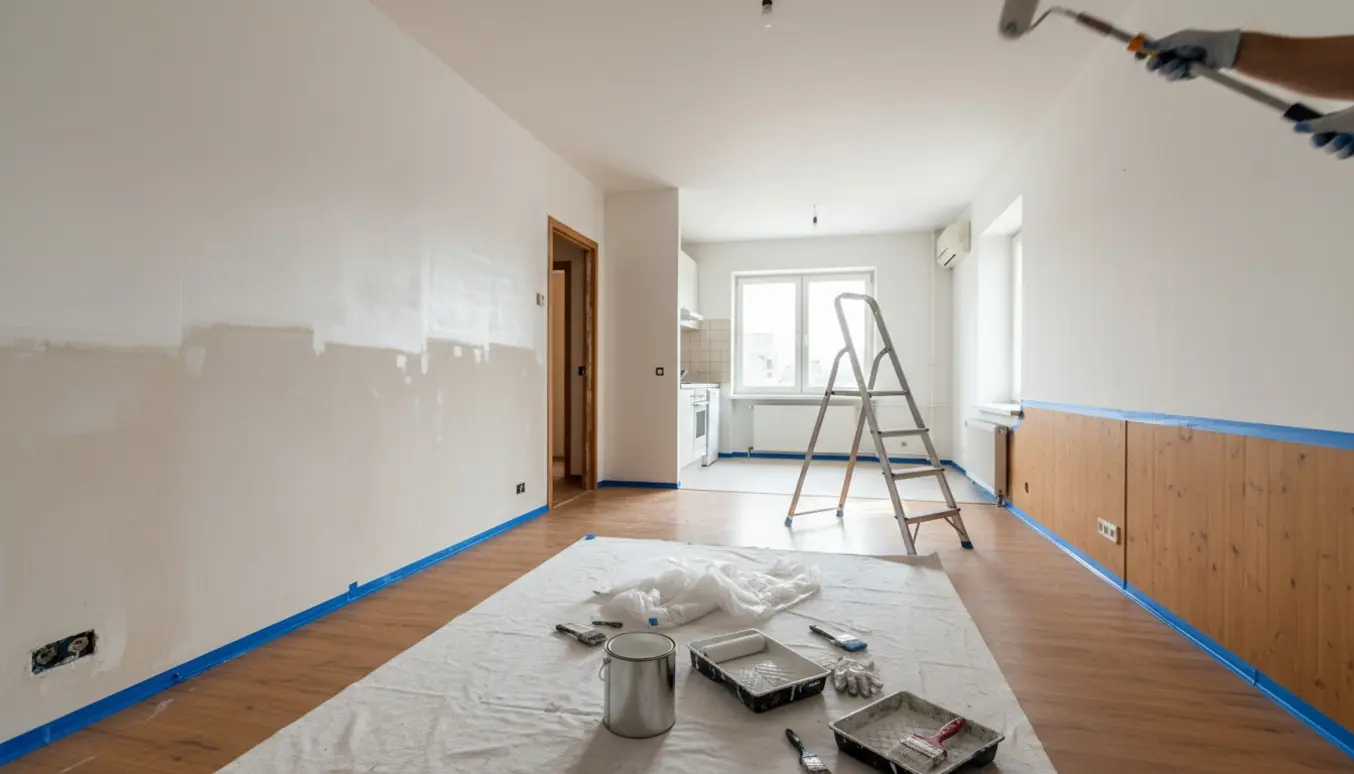 Interiørbillede af en 51 m² lejlighed under maling med halvt malet gipsvæg, maleredskaber og afdækning.