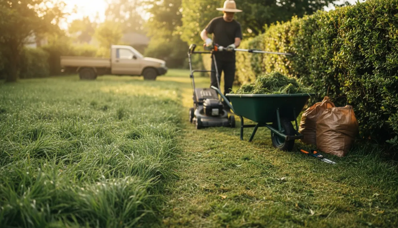 Langt græs delvist slået og toppen af en hæk bliver klippet, haveaffald i trillebør klar til afhentning.