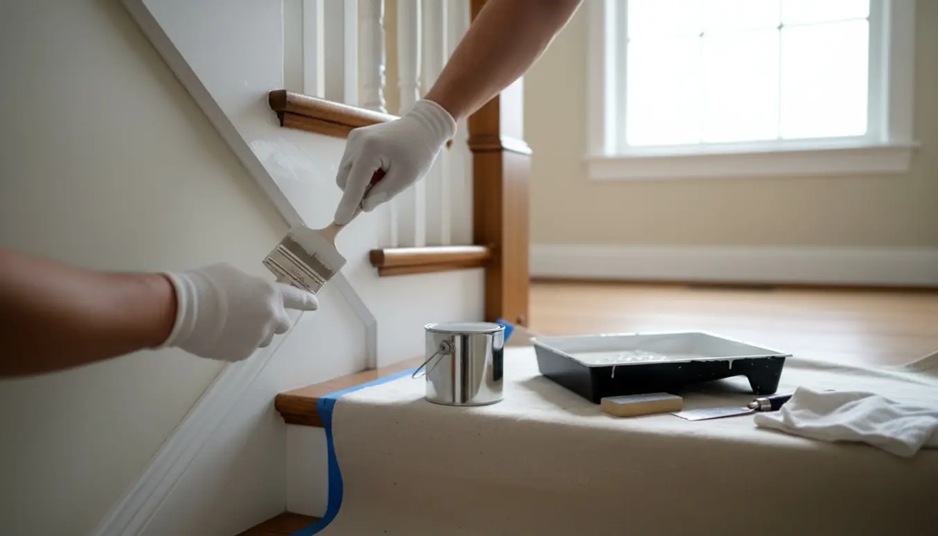 Hænder maler de hvide gerigter og området under en trappe med pensel og malergrej.