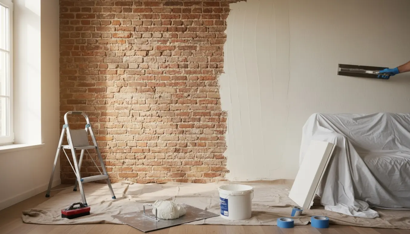 Stue med en murstensvæg hvor frisk puds glattes ud med murske, klar til filt og finish.