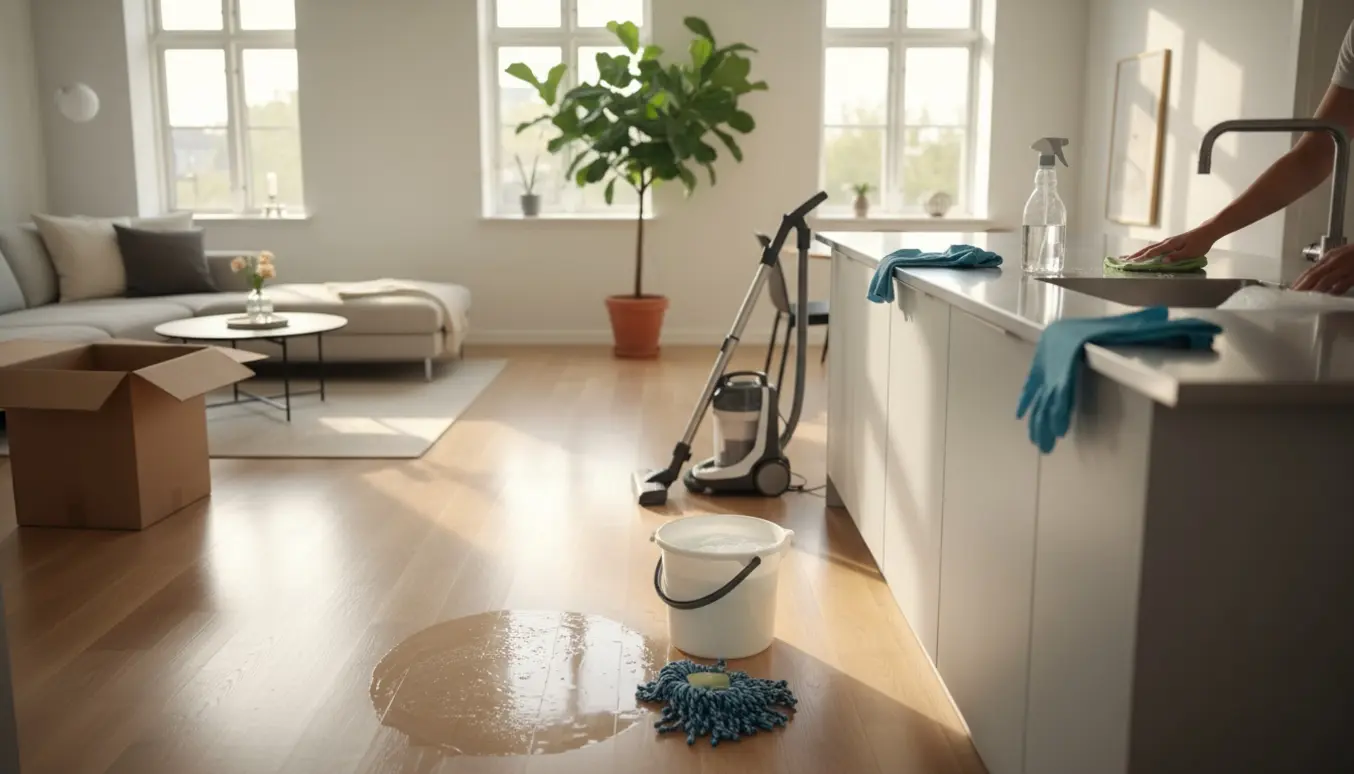 Solrig dansk lejlighed med rengøringsudstyr, moppehoved ved en spand og en åben tom handskebox på køkkenbordet.