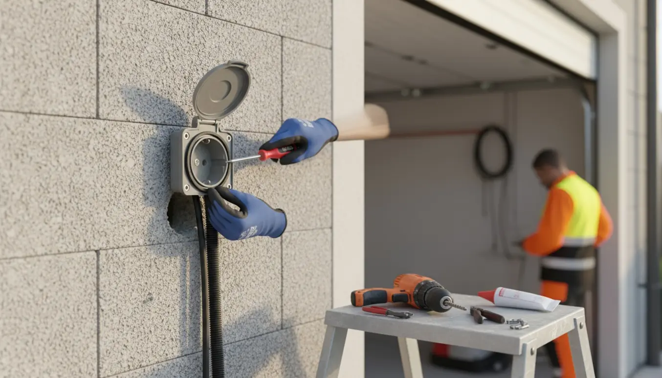 En elektriker monterer en udendørs stikkontakt på en lecablok-garagevæg med kabel og værktøj klar.